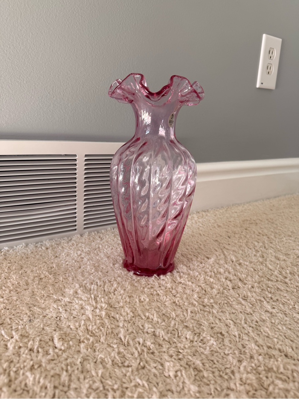 Fenton Pink Ruffled Optic Swirl Glass Vase